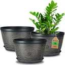 Quarut 10 Inch Flower Pots for Outdoor Indoor, 3 Pack Plastic Plant Pots with Drainage Hole & Tray, Modern Decorative Garden Pot with Saucer, planters for House (Black Copper)