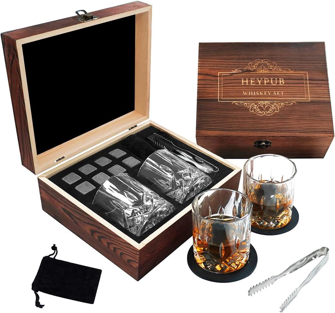 Whiskey Stones Gift Set,Whiskey Glasses Set 8 Granite Chilling Whisky Rocks, 2 Bourbon Glasses,Best Drinking Gifts for Men Dad Husband Birthday Anniversary PresentPlus 2 Free Coasters.