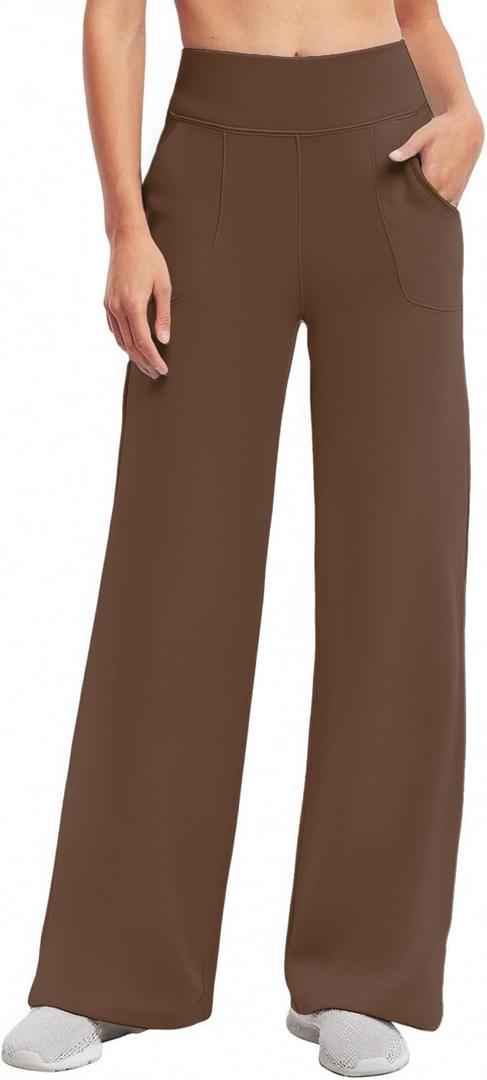 Wide Leg Yoga Pants Women with Pockets High Waist Stretch Casual Sweatpants Comfy Sports Lounge Pants Brown (Brown), L