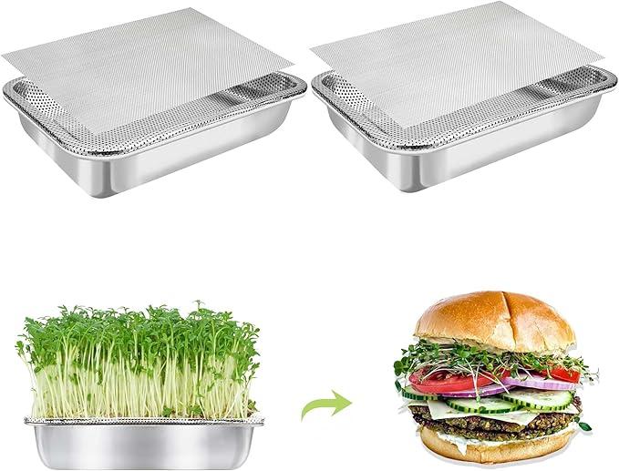 CYPUHL Stainless Steel Sprouting Trays for Sprouts Kit 2-Tier 10.4 ", Microgreens Growing Trays, Seed Sprouting Tray, Sprouts Maker with Encrypted Mesh Sprouts for Beans Alfalfa Broccoli Wheat Grass