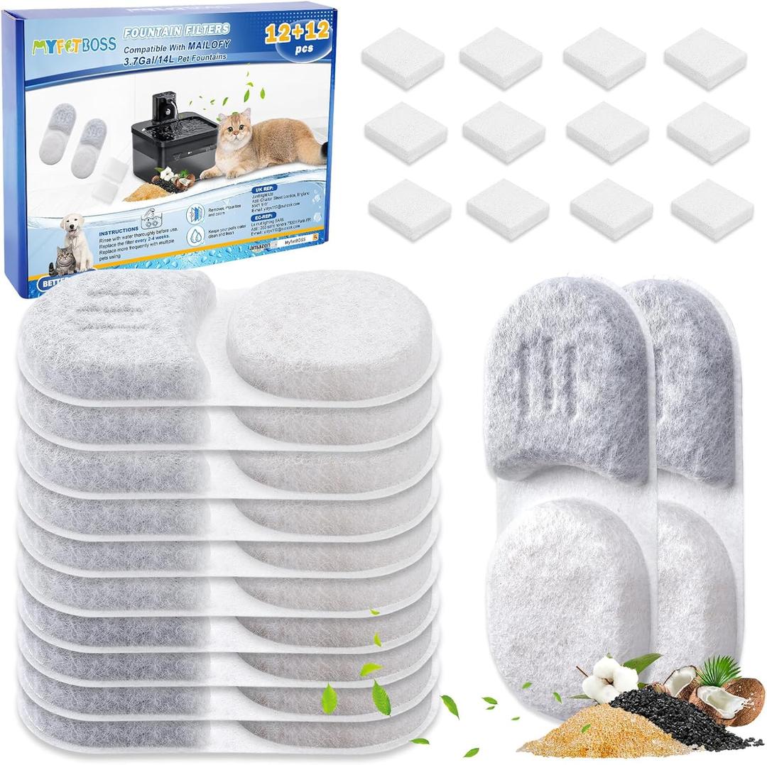 12+12PCS Dog Water Fountain Filters Replacement Compatible with MAILOFY 14L/3.7Gal Dog Water Bowl Filter, Activated Carbon & Sponges for Stainless Steel Dog Fountain