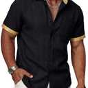 Ailisus Men’s Linen Shirts Short Sleeve Casual Contrast Collar Button Down Shirt for Summer Holiday Beach Shirt with Pocket, Small