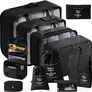 11 Set Packing Cubes for Travel Essentials, Suitcase Organizer Bags for Airplane Road Trip Camp - Black