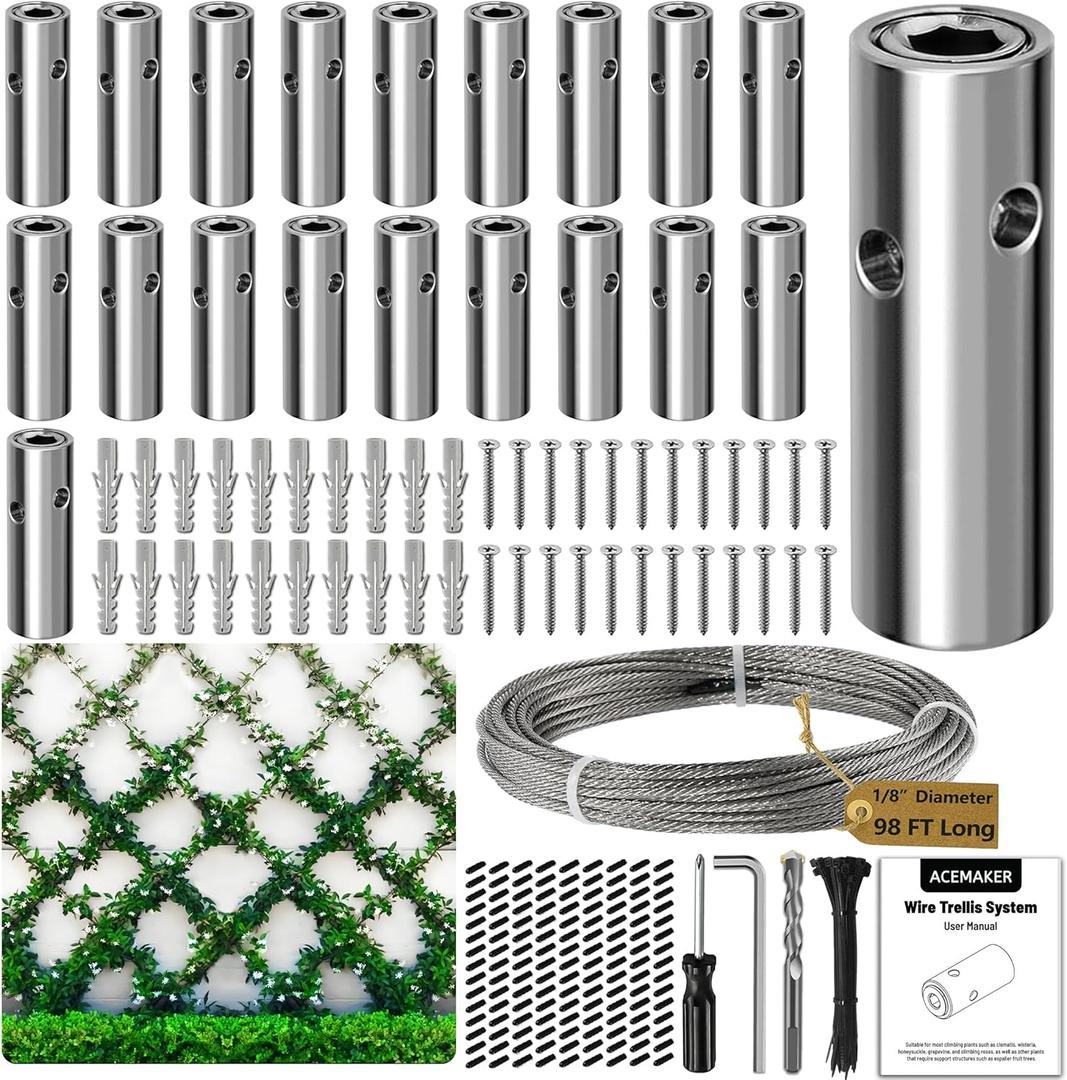 Wire Trellis for Climbing Plants Outdoor, 20-Set Wall Wire Trellis Kit with 1/8in x 98ft Stainless Steel Cable, T316 Cylindrical Espalier System for Fence and Garden DIY Projects