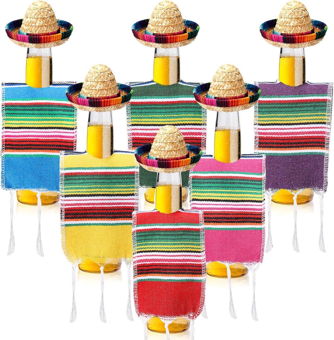 Panitay 6 Sets Tiny Sombrero Hats Mini Serapes for Bottles Beer Poncho Cover Sombrero Bottles Topper for Mexican Fiesta Party Decor