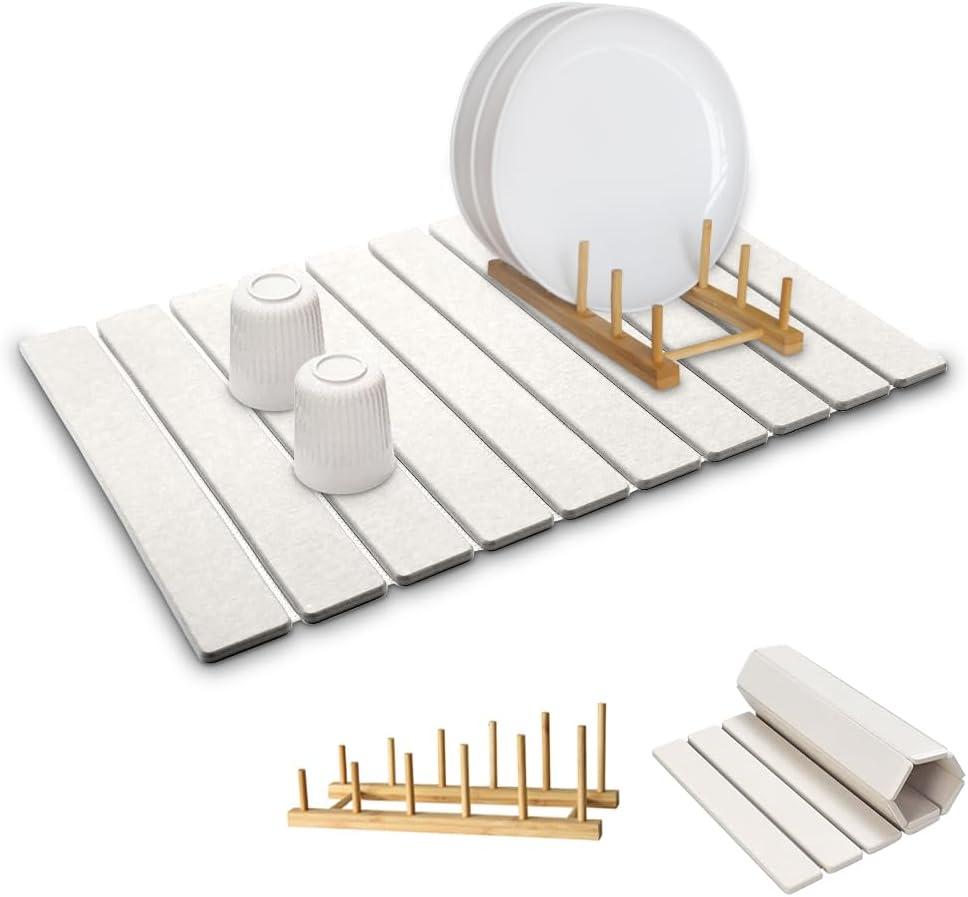 Stone Dish Drying Mats for Kitchen Counter,2416 IN,Foldable Dish Drying Mat,Equipped Dish RackStrong Water AbsorptionDiatomaceous Earth MaterialSuitable for Plates,Cups and Any Kitchen Utensils