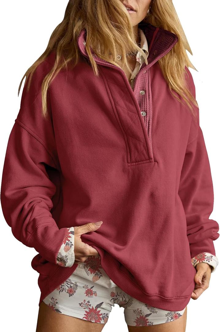 Gacaky Sweatshirt for Women Oversized Casual Long Sleeve Button Henley Neck Pullover Tops Fashion Outfits Clothes (X-Small, Burgundy)