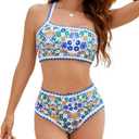 Jolefille High Waisted Bikini Sets for Women 2 Piece Tummy Control Swimsuits One Shoulder Bathing Suit Floral Swim Suit Teens (Small)