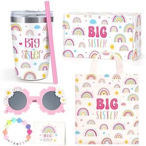 Big Sister Gifts for Girls, 5PCS Promoted to Big Sister Announcement Gift Includes 12OZ Tumbler Cup Sunglasses Bracelet Canvas Bag Card Bracelet for Little Girls, Gifts for Older Siblings of New Baby