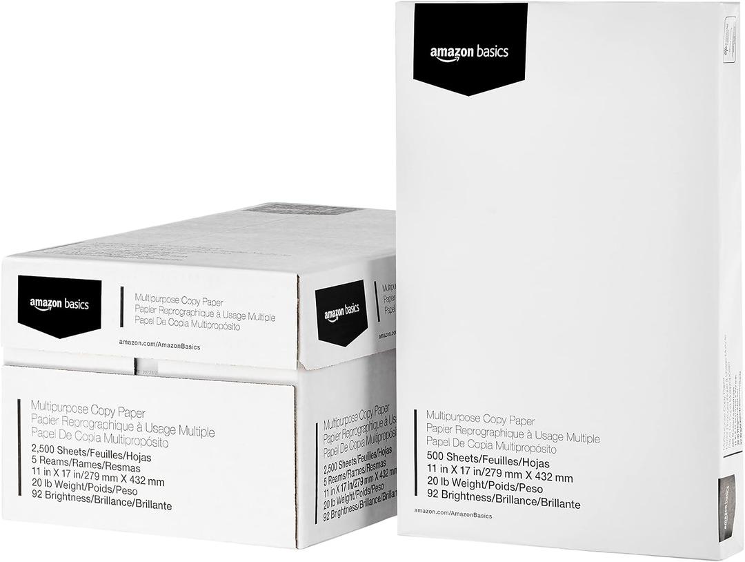 Amazon Basics Multipurpose Copy Printer Paper, 20 lb, 11 x 17 Inches, 5 Reams (2,500 Sheets), 92 Bright White