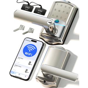 Veise VE029 WiFi Smart Lever Lock, Fingerprint Keyless Entry Door Lock with Handle, Built-in WiFi, Remote App Control, Electronic Digital Knob for Front Door and Bedroom, IP65 Waterproof, Satin Nickel