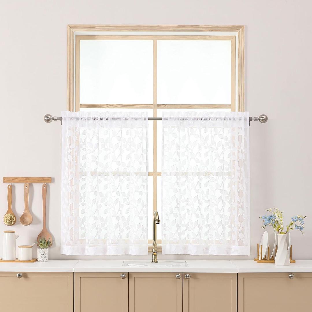 Chyhomenyc White Sheer Curtains 30 Inch Length, Light Filtering Leaf Tufted Textured Small Window Kitchen Curtain Over Sink, Short Half Window Curtains for Bathroom Basement, 30" Wx30 L, 2 Panels
