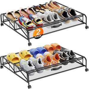 Under Bed Shoe Storage Organizer, 2 Pack Under Bed Storage Containers with Wheels for Under Bed Shoe Organizer Drawer Space Saving for Bedroom