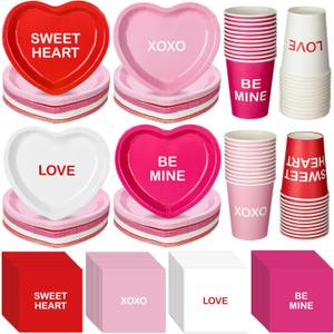 Maxcheck 196 Pcs Conversation Heart Party Supplies Valentine's Day Party Tableware Decorations Heart Disposable Paper Plates Napkins Cups for Valentine Anniversary Birthday Wedding, Serves 48 (Bright)