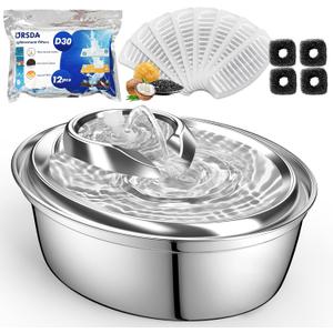 ORSDA Cat Water Fountain, 2L Stainless Steel Pet Water Fountain, Automatic Drinking Fountain Dog Water Dispenser with 12 Replacement Filters for Cats, Small Dogs