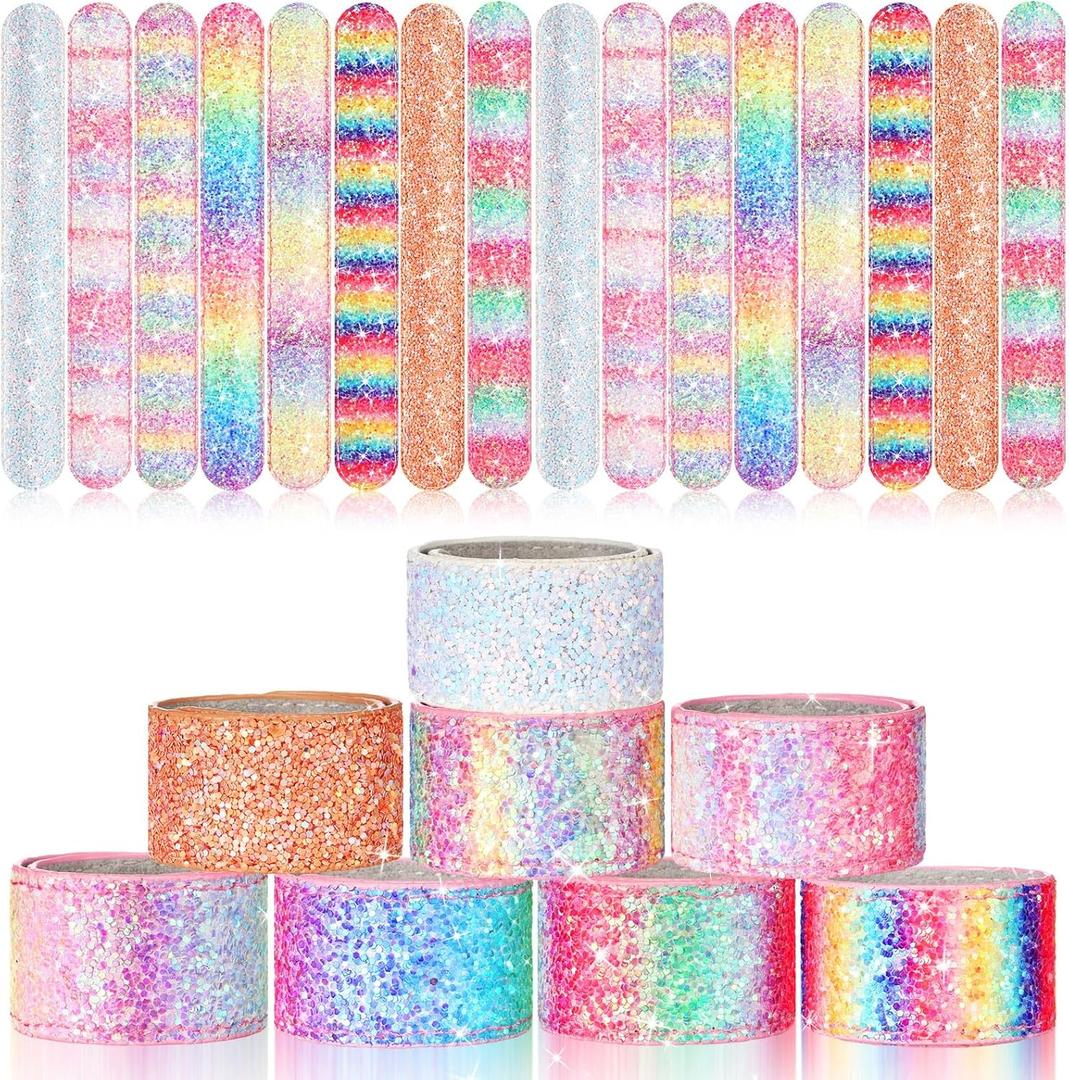 Sotiff 24 Pcs Glitter Slap Bracelets for Girls Sparkly Snap Shine Sequin Bracelet Bulk Wristband Accessories for Teen Youth Birthday Party Favors Supplies
