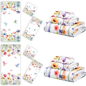 VitalCozy Set of 6 Wildflower Bathroom Towel Absorbent Soft Hand Towels Decorative Guest Bathroom Towel Set, 3 Sizes(Spring Flower)
