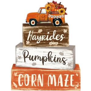 4 Pcs Fall Thanksgiving Decor for Home Truck Pumpkin Wooden Signs with Sayings Autumn Thanksgiving Tiered Tray Decor Fall Hay Ride Tabletop Centerpiece Corn Maze Block Signs for Office Kitchen Shelf