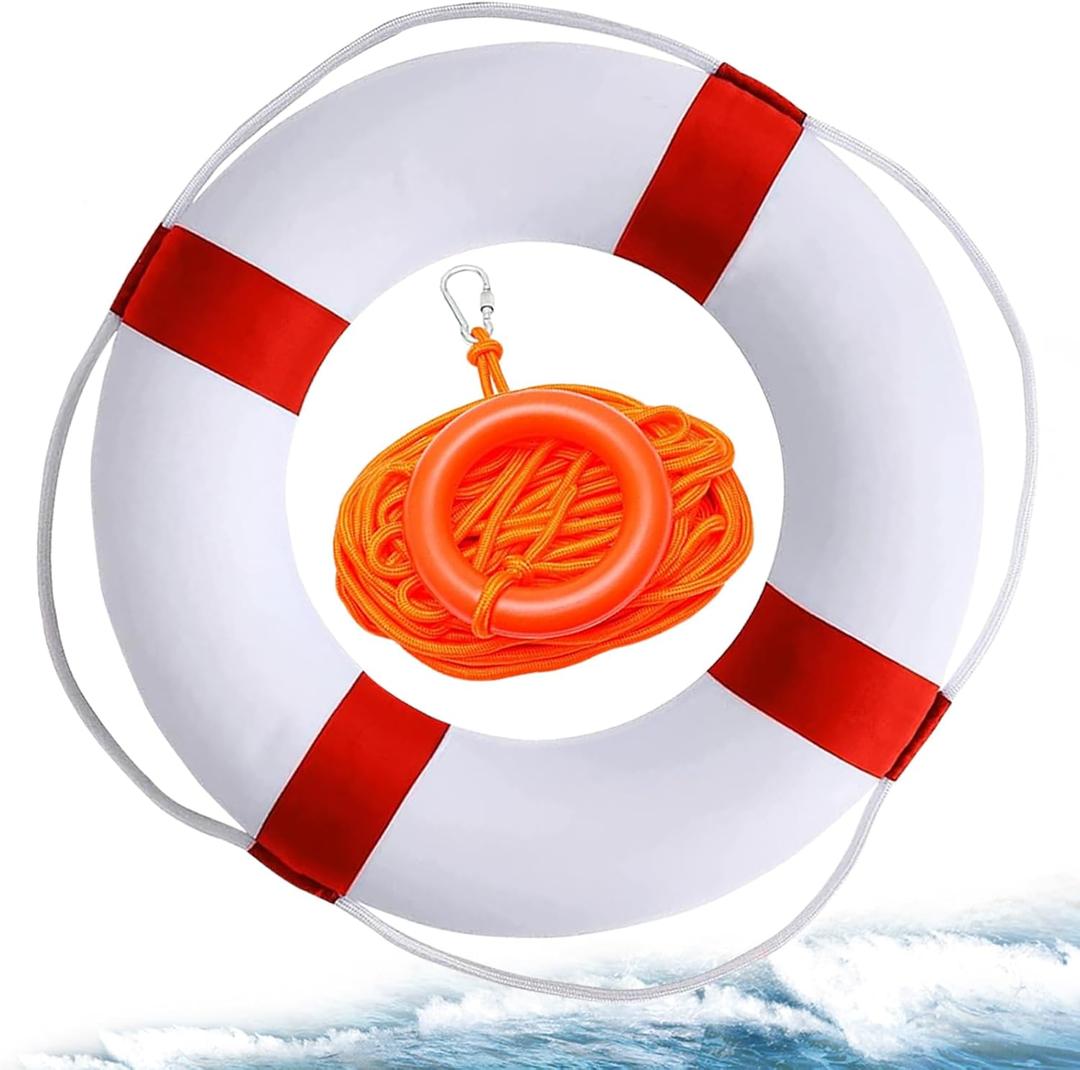 Child Pool Life Ring Buoy Life Preserver Ring with Lifesaving Rope Reflective Tape Yard Wall Decoration 10.6"/19.68" (Red)