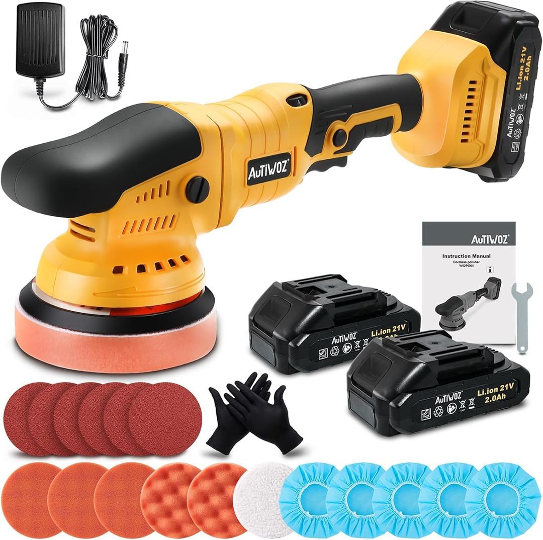 Cordless Car Buffer Polisher, 2x2000mAh 21V Batteries 5 Inch Random Orbital Polisher for Car Detailing, Waxing, Polishing, Scratch Removing, 6 Variable Speed Car Buffer Polishing Kit