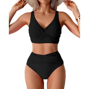 Fanuerg Women High Waisted Bikini Sets V Neck Cross Twist Front Two Piece Swimsuit Tummy Control Bathing Suit (Black, XL)