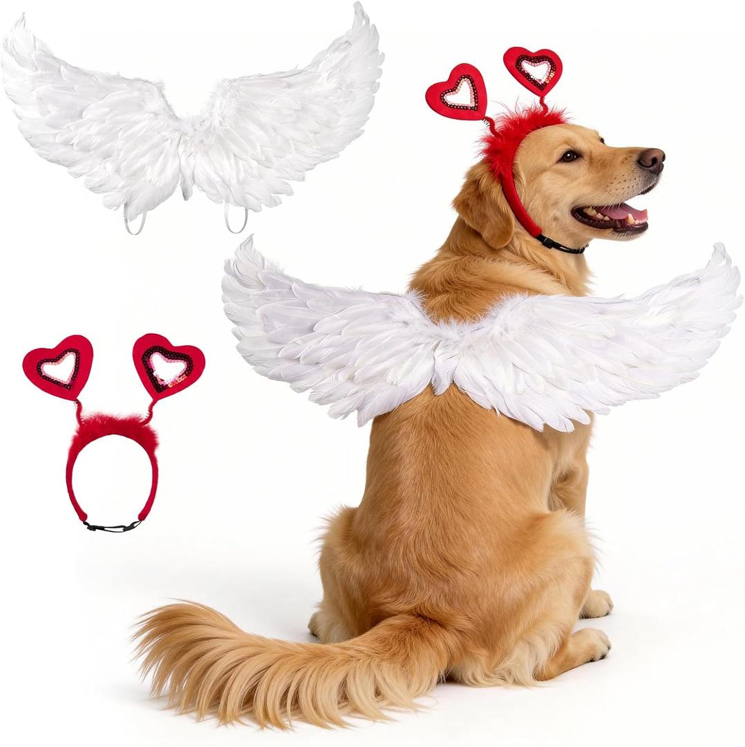 Dog Feather Wings Costume with Heart Headband for Valentine's Day Outfit Cute Pet Costume Set for Medium Large Dogs Cats Puppy