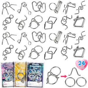 24 Pcs Valentines Day Gift Metal Brain Teaser Puzzles Set with Cards for Boys and Girls Unlock Interlock Game Fidget Party Favors School Exchange Classroom Prizes for Older Kids Teens Adults