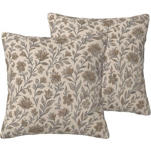 Vintage Floral Antique Decorative Throw Pillow Covers 18x18 Inch Set of 2, Flower Block Print Linen Square Pillow Cases for Farmhouse Couch Bed Sofa Chair Living Room Indoor Outdoor Decor