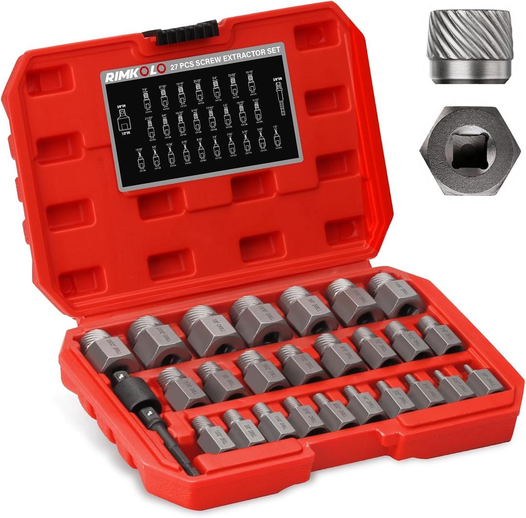 RIMKOLO 27-Piece Screw Extractor Set, 3/8" Inch Drive Easy Out Bolt Extractor kit Multi-Spline Hex Head for Removing Broken Studs Bolts Socket Screws