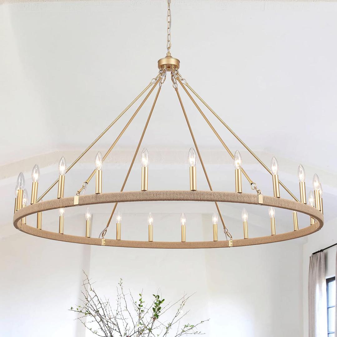 52 Inch Gold Wagon Wheel Chandelier, 24-Light Handmade Cotton Rope Farmhouse Light Fixture, Extra Large Chandeliers for High Ceilings Dining Room, Living Room, Foyer, Entryway, E12