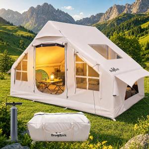 Inflatable Tent with Skylight, 4-6 Person Portable Blow Up Tent, Hot Tent with Stove Jack, Inflatable House for Camping, Quick Setup Air Tent for Family Outdoor, Hiking, Glamping, Waterproof with Pump 9.8'L x 7'W x 6.5'H