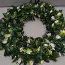 SHACOS Greenery Wreath 15" Artificial Front Door Wreaths Green Wreath with White Flowers for Home Wall Window Farmhouse Decoration 100% Plastic Indoor Outdoor