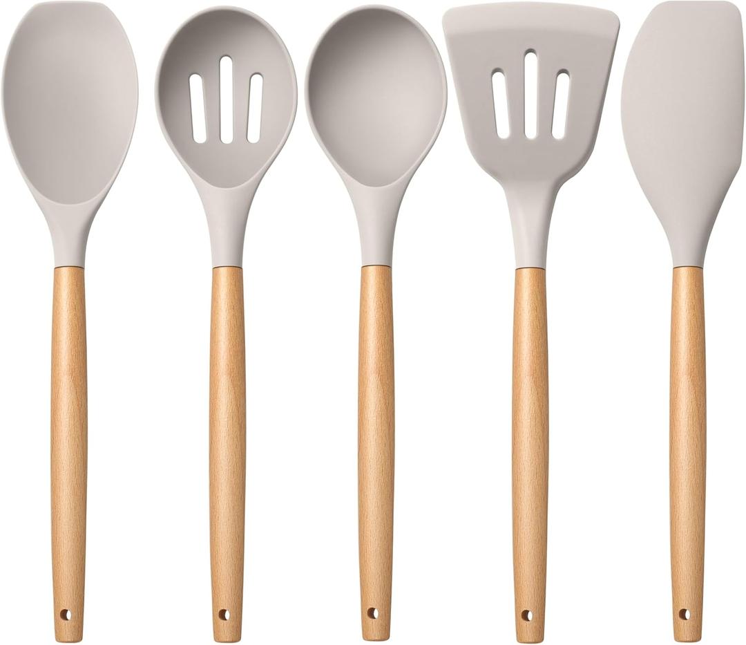 E-far Silicone Cooking Utensils Set, 5-Piece Kitchen Utensils Set with Wooden Handle for Cooking, Silicone Kitchen Nonstick Tools Spatula Turner Slotted Spoons, Nontoxic & Heat Resistant-Khaki