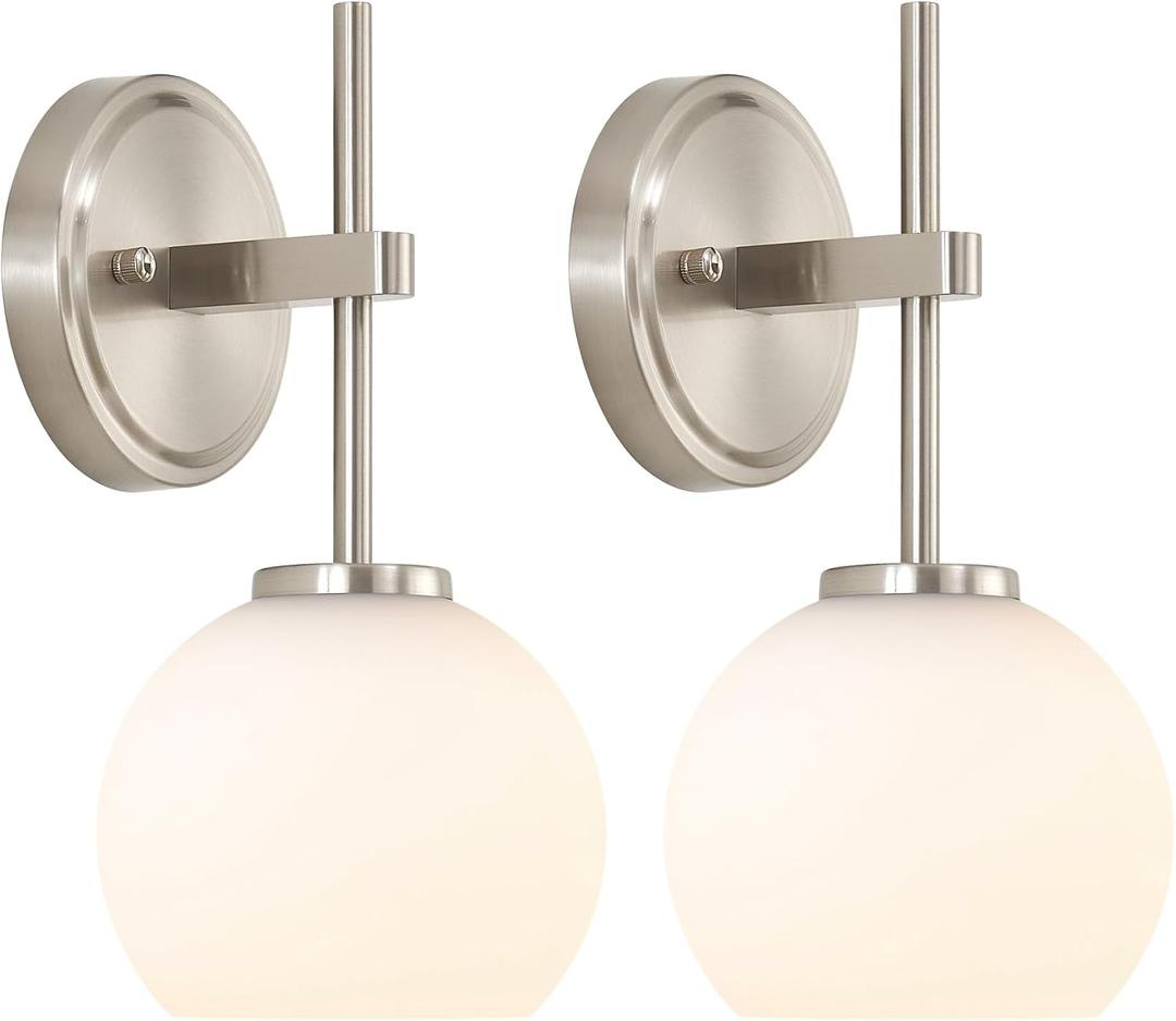 Brushed Nickel Battery Operated Wall Sconce Set of 2, Wireless Rechargeable Sconces Wall Lighting with Remote Control, LED Wall Lights with Opal White Glass Shade, 12 Colors RGB & 3 CCT Bulb