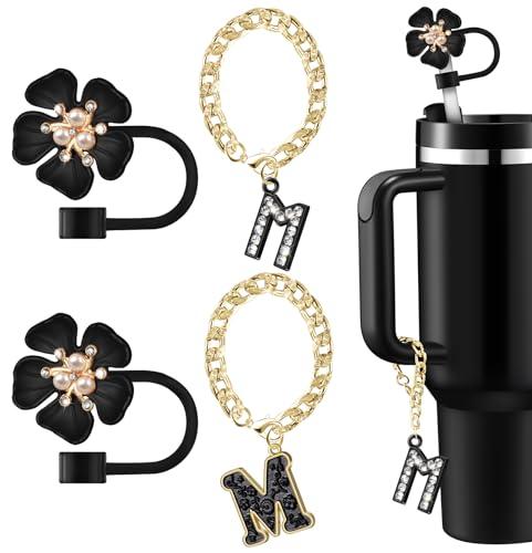 Straw Covers for Stanley Cup Accessories: Black Decorations for Stanley 30 oz & 40 oz Tumbler with Handle, Bling Letter Charms and Flower Silicone Straw Cap Topper, Trendy Stuff for Teen Girls & Women, Set of 3 (2 Ms & 1 S)