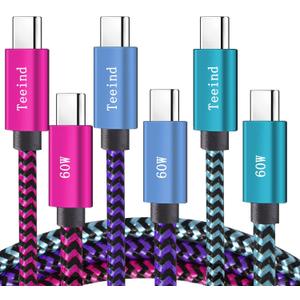 Teeind Type C Cable Fast Charging, Tpc002 3 Pack(3Ft/0.9M 60W) C to Type C Charger Nylon Braided Cord Compatible with iPhone 17/17 pro, 16/16 pro, MacBook, Samsung Galaxy S25/24/23/22, for Daily Use