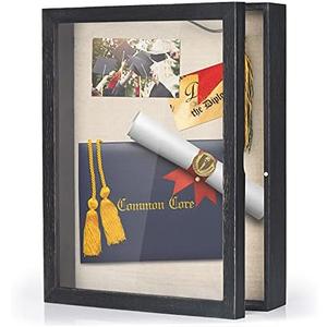 Love-KANKEI Shadow Box Frame 11x14 Shadow Box Display Case with Linen Back Rustic Wood Memory Box for Awards Medals Photos Pictures Gift Rustic Black
