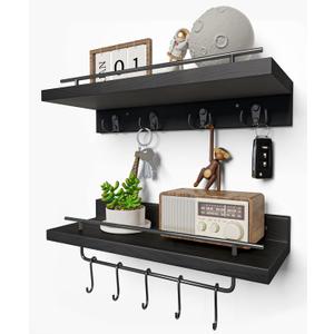 Wood Floating Shelves with Metal Hooks, Wall Mounted Coat Rack with Shelf Set of 2, Bathroom Wall Shelf with Removable Towel Bar, Hanging Shelves with 9 Hooks for Kitchen Entryway Coffee Bar, Black