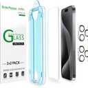 amFilm OneTouch 2+2 Pack Compatible with iPhone 15 Pro Screen Protector 6.1" Tempered Glass with Camera Lens Protector Accessories, Premium Easiest Installation Kit 9H HD, Case Friendly