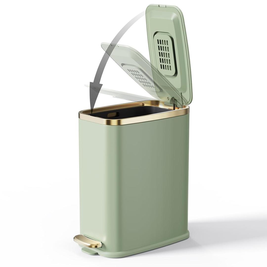 CEROELDA Small Bathroom Trash Can with Lid Soft Close-5L/1.3 Gal Slim Garbage Can-Metal Step Wastebasket-Rectangle Narrow Waste Bin for Office, Bedroom, Toilet, Live Room-Green