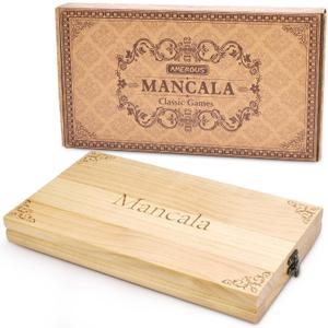 AMEROUS Wooden Mancala Board Game Set - Upgraded Larger Size - 72+8 Bonus Multi Color Glass Stones - Folding Board - Gift Package -Instructions, Portable Board Game for Adults, Kids
