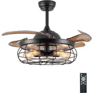 DuMaiWay 48" Retractable Ceiling Fans with Lights, Fandelier Industrial Caged Ceiling Fan with Remote Controller Vintage Style for Farmhouse/Living Room/Bedroom/Restaurant 5 Lights 4 Fan Blades