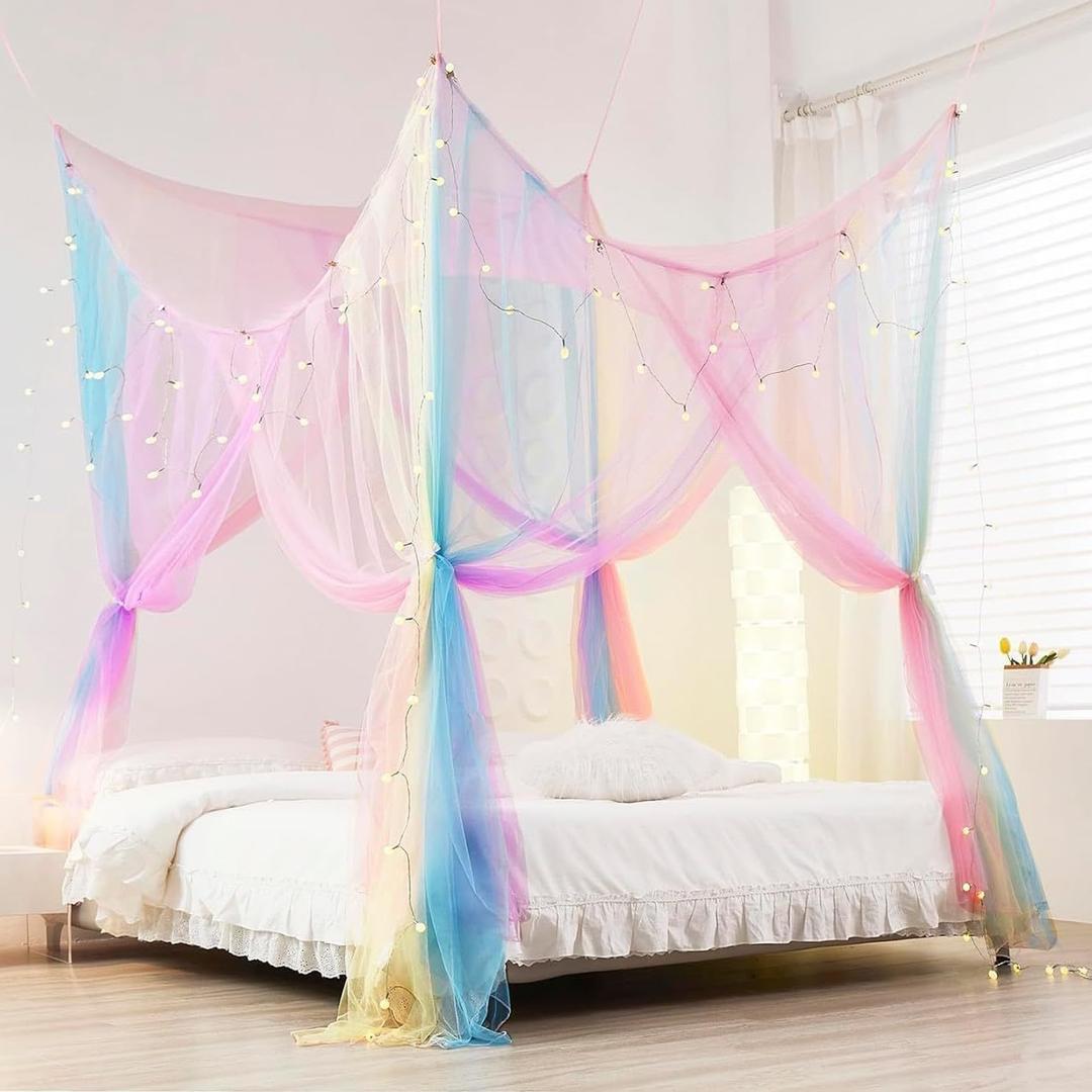 Mengersi Rainbow Canopy Bed Curtaina Mosquito Net for Bed Canopy, Four Corner Post Curtains Elegant Bed Netting, Screen Netting Canopy Curtains for Full to King Size Bed
