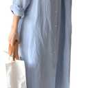 GGUHHU Womens Chic Button Down Rolled-Up Sleeve Long Cotton Blouse Maxi Dress (Medium, Light Blue)