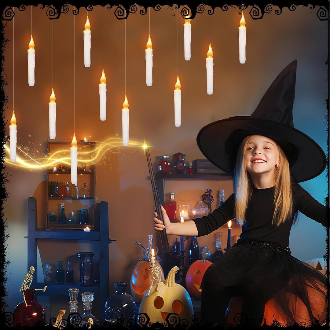Floating Candles with Wand Remote,Halloween Decor 12PCS Flickering Flameless with 60PCS Bat Wall Stickers,LED Magic Hanging Candles for Christmas Indoor Outdoor Birthday Party Decorations