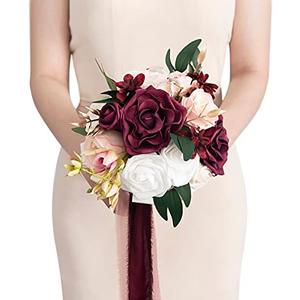 Ling's Moment Artificial Flowers Red Bridesmaid Bouquet, Marsala & Blush Wedding Flowers Bouquets for Bridesmaids, 7 Inch Bridal Bouquets for Bridesmaids, Wedding Decor, Ceremony, etc