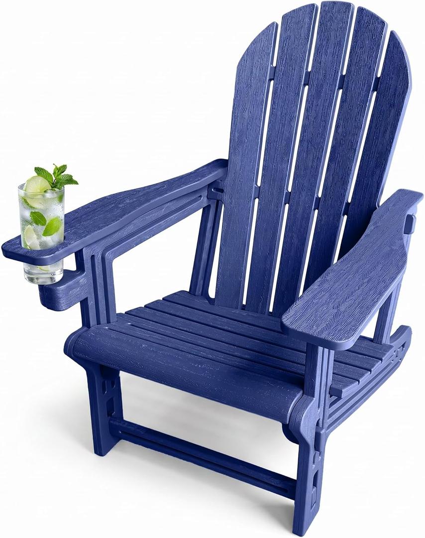 Adirondack Chair with Cup Holder,Tool-Free Assembly,No Screws Needed,All-Weather HDPE Plastic Outdoor Patio Chair,Wood-Grain Slatted Look,Easy to Take Apart for Storage,Fire Pit ChairsNavy blue