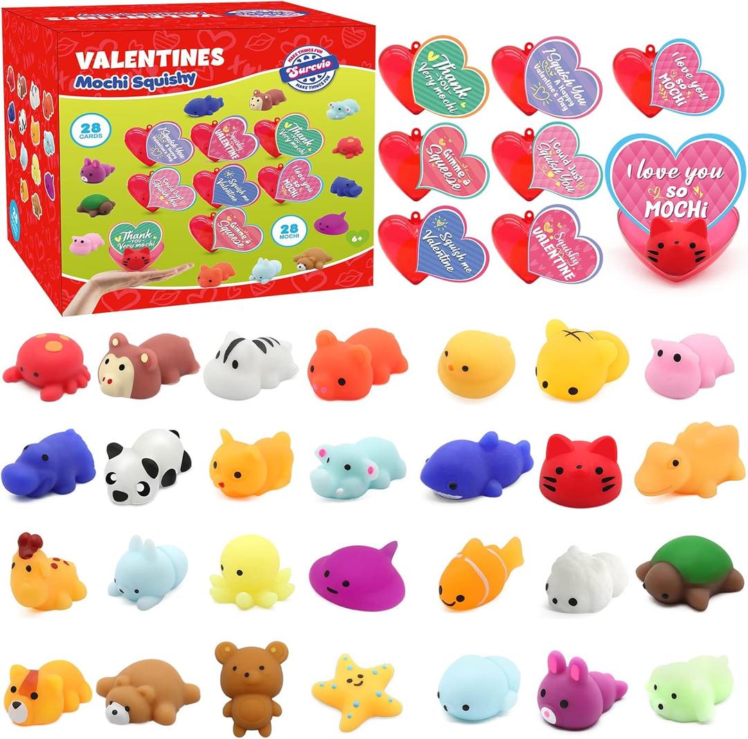 28 Pack Valentines Day Gifts for Kids, Mochi Squishies Party Favor Set with Valentines Greeting Cards and Filled Hearts, Valentine's Day School Prize Party Favor, Classroom Exchange Gift Set