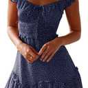Valphsio Womens Smocked Dress Ruffle Floral Tie Front Boho Short Dresses (X-Large, Navy)
