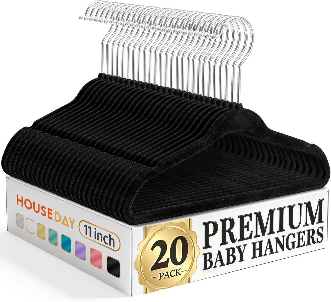 HOUSE DAY 11 Inch Black Velvet Baby Hangers 20 Pack, Premium Kids Hangers for Children, Infant & Toddler Clothes, Durable Non Slip Baby Felt Hanger for Closet, Ideal for Everyday Use